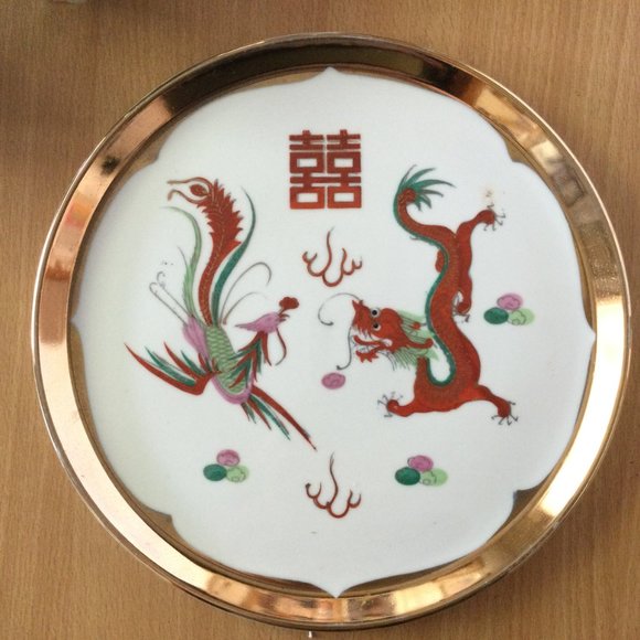 Vintage Chinese porcelain tea tray plate dragon phoenix double happiness 10" - Picture 2 of 6